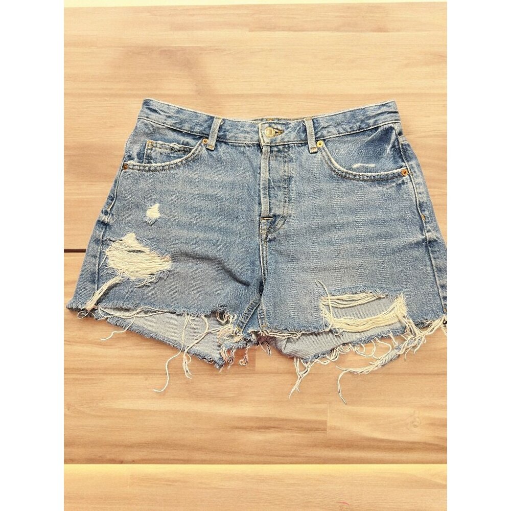 Topshop Moto Ashley Blue Jean Shorts Bootie Raw Hem Distressed Button Fly Sz 6